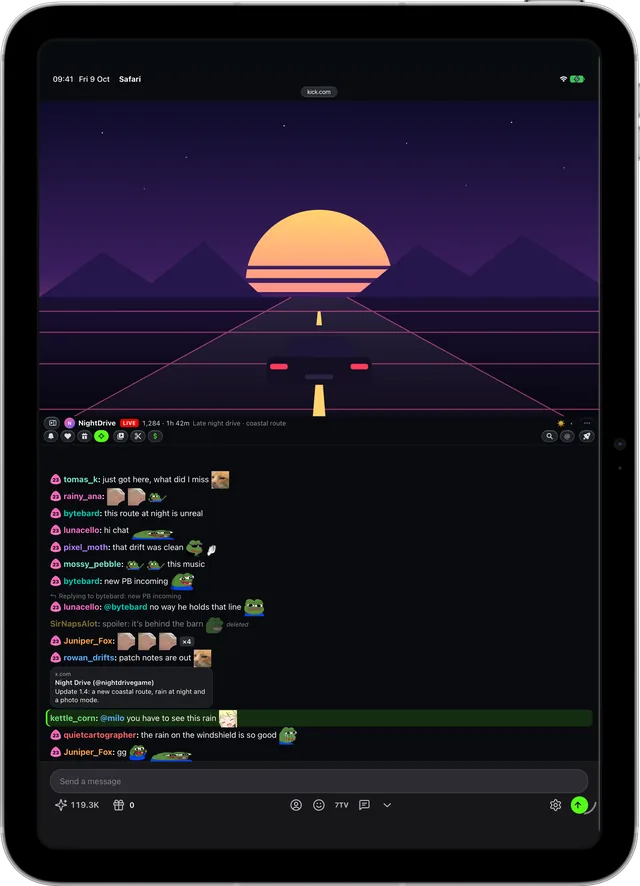 Kickon in Safari on an iPad: A chat you can follow